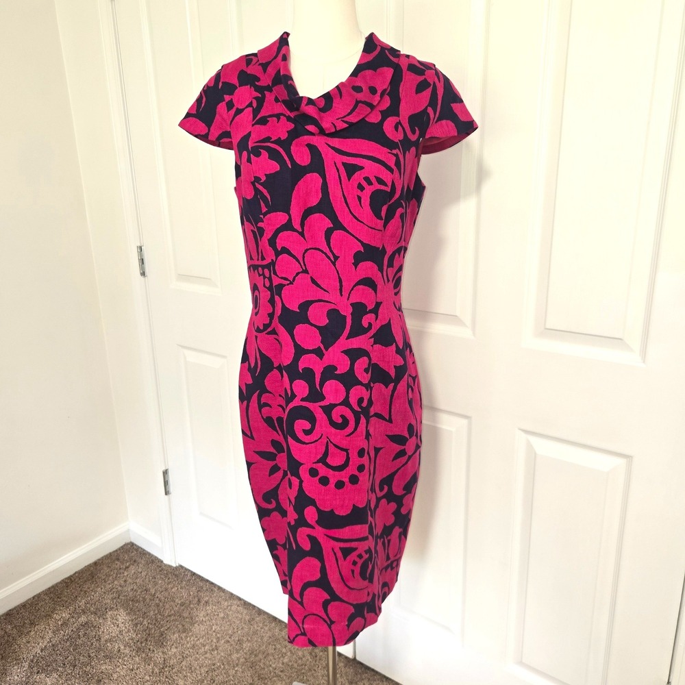 Talbots Sheath Dress Womens 8 Pink Navy Blue Linen Paisley Cowl Neck Cap Sleeve